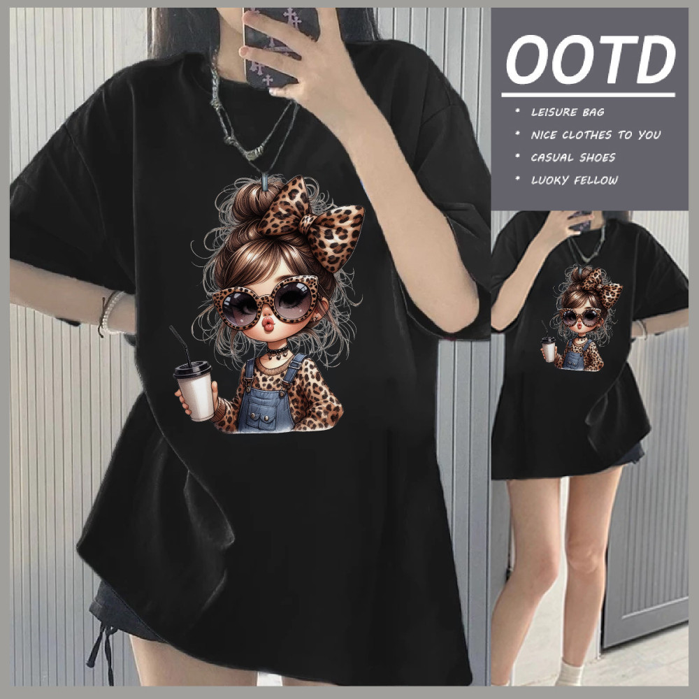 ChillTee เสื้อเกาหลี วินเทจอเมริกัน "Leopard girl1" พิมพ์ลาย ผ้าCOTTON เสื้อคอกลม OVERSIZE โคตรนุ่ม unisex ส่งจากไทย
