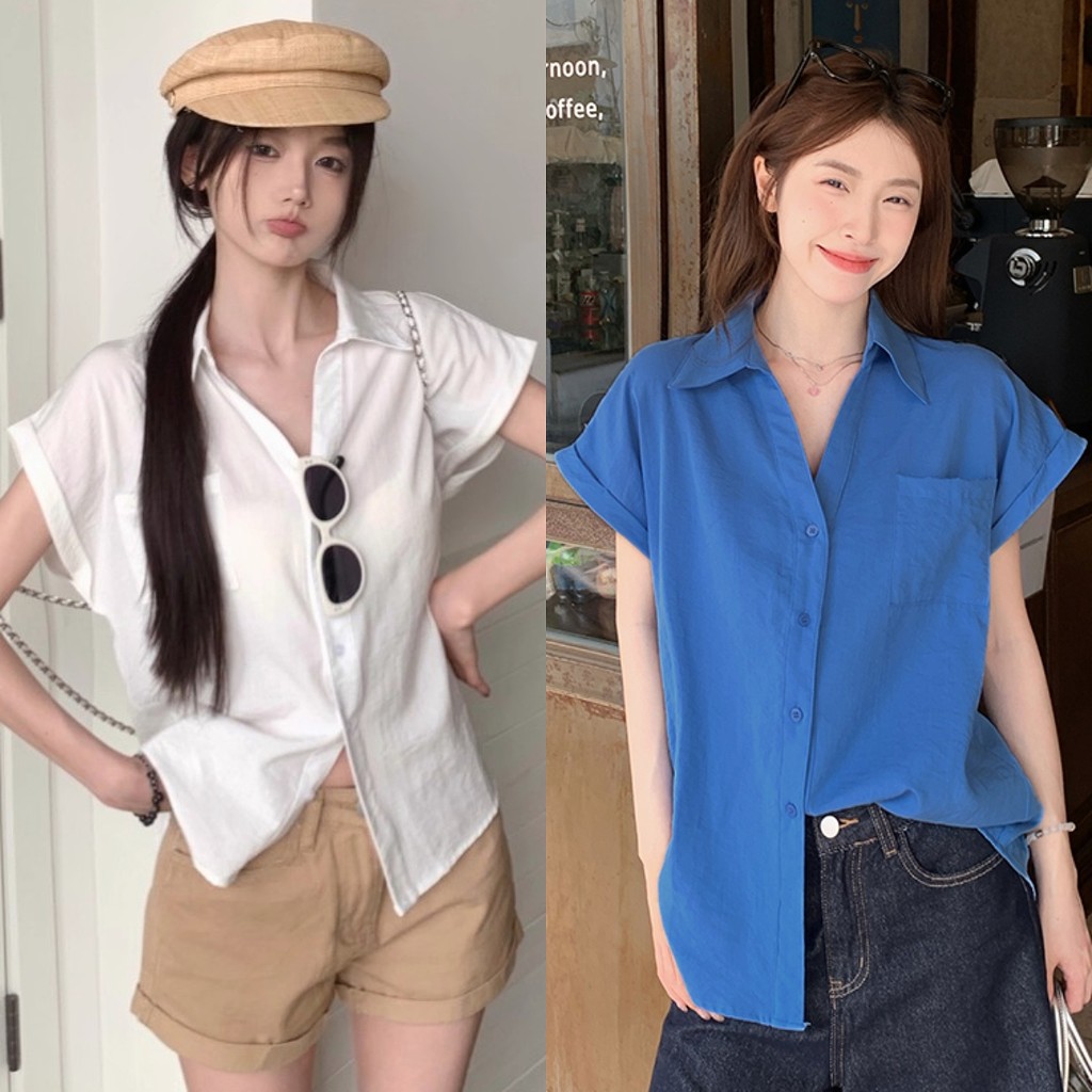 เสื้อเชิ้ตแขนสั้น มีกระเป๋าหน้า 1 ข้าง สไตล์เกาหลี ผ้าคอตตอน งานนุ่มนิ่ม รุ่นติดกระดุม แมทซ์ลุคง่าย เรียบง่าย