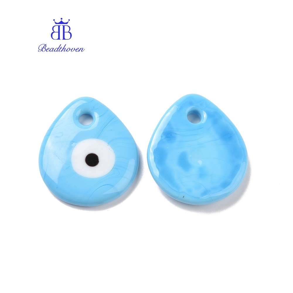 10 ชิ้น Handmade Lampwork Evil Eye จี้แบนหยดน้ําสีฟ้า 34x30x5 มม.: 4 มม.