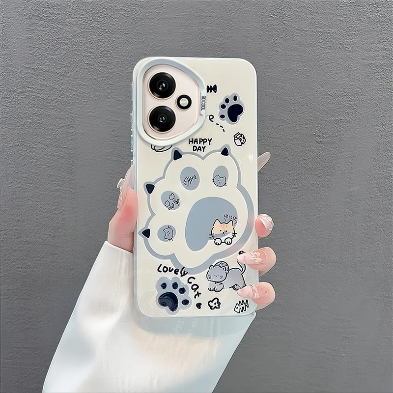 เคส Honor 400 5G เคส Honor 400 Pro Case เคสน่ารักไลน์แมวอุ้งเท้าเคลือบกันกระแทกพร้อมกระจกโทรศัพท์ขาตั้งขอบแมตต์ฮาร์ดเคสโทรศัพท์สําหรับนักเรียนสาวผู้หญิง