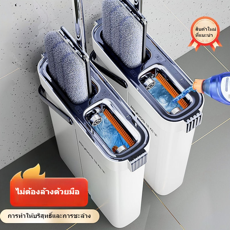 JOYBOS 15.75 นิ้ว ไม้ถูพื้นแบบแบนพร้อมผ้าถูพื้นไมโครไฟเบอร์ที่ซักได้ ไม้ถูพื้นแบบหมุนพร้อมถัง ระบบ