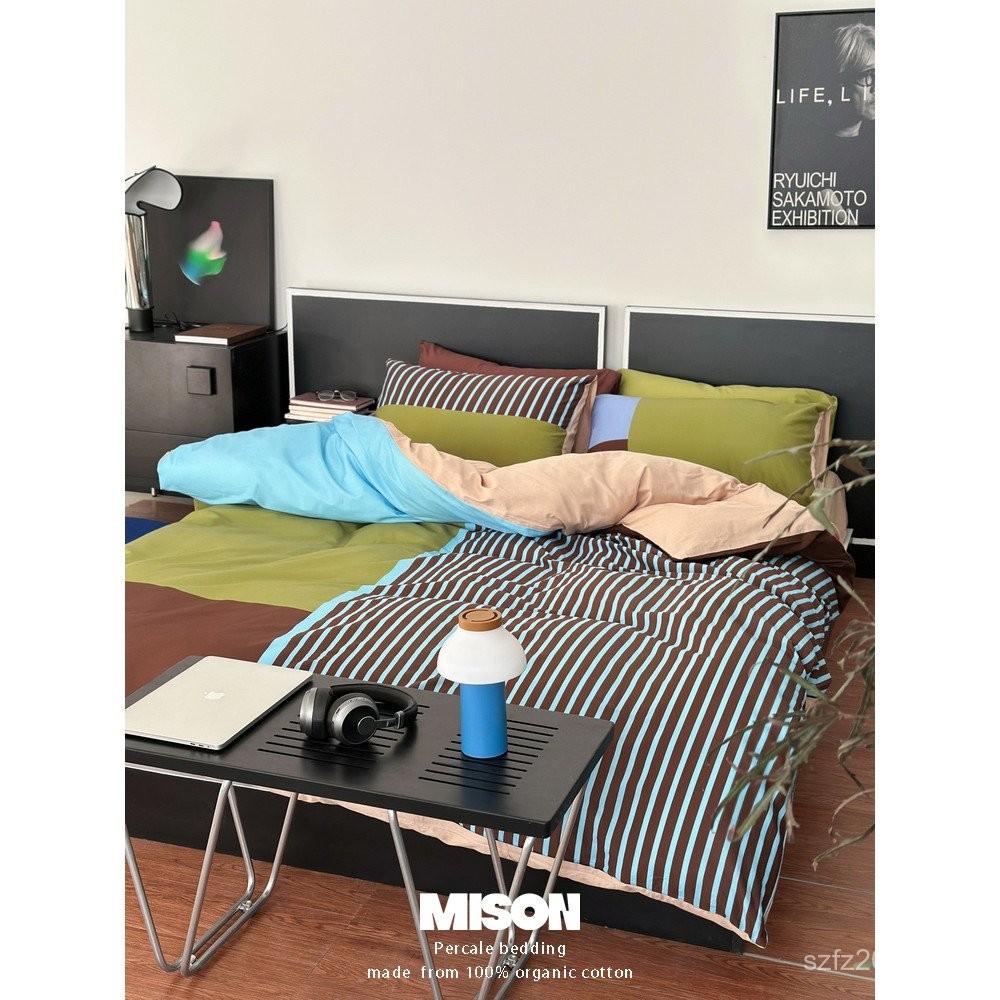 Past Color Block Bed Sheet West Coast Package Home ชุดสี่ชิ้นผ้าฝ้าย 4 ชิ้นชุดเครื่องนอนผ้าปูที่นอนผ