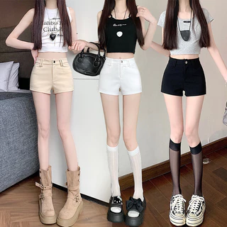Hermarou S-2XL กางเกงขาสั้นผู้หญิง เอวสูง ทรงเอ ผ้ายืดเข้ารูป ดีไซน์เข้ารูป