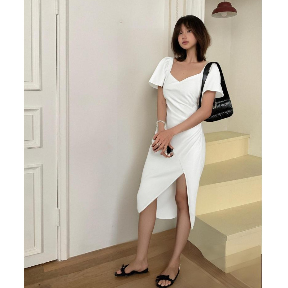 white prom dress เดรสน่ารัก สีครีม ผ้าทวิต เดรสออกงาน สีขาว กระโปรงยาว ผ่าข้าง ใส่สบาย