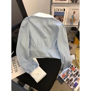 Chili Koko เสื้อเชิ้ตลายทางสีฟ้าฝรั่งเศส เสื้อแขนยาวคอตุ๊กตาเอวสั้นสำหรับสาวตัวเล็ก 99111