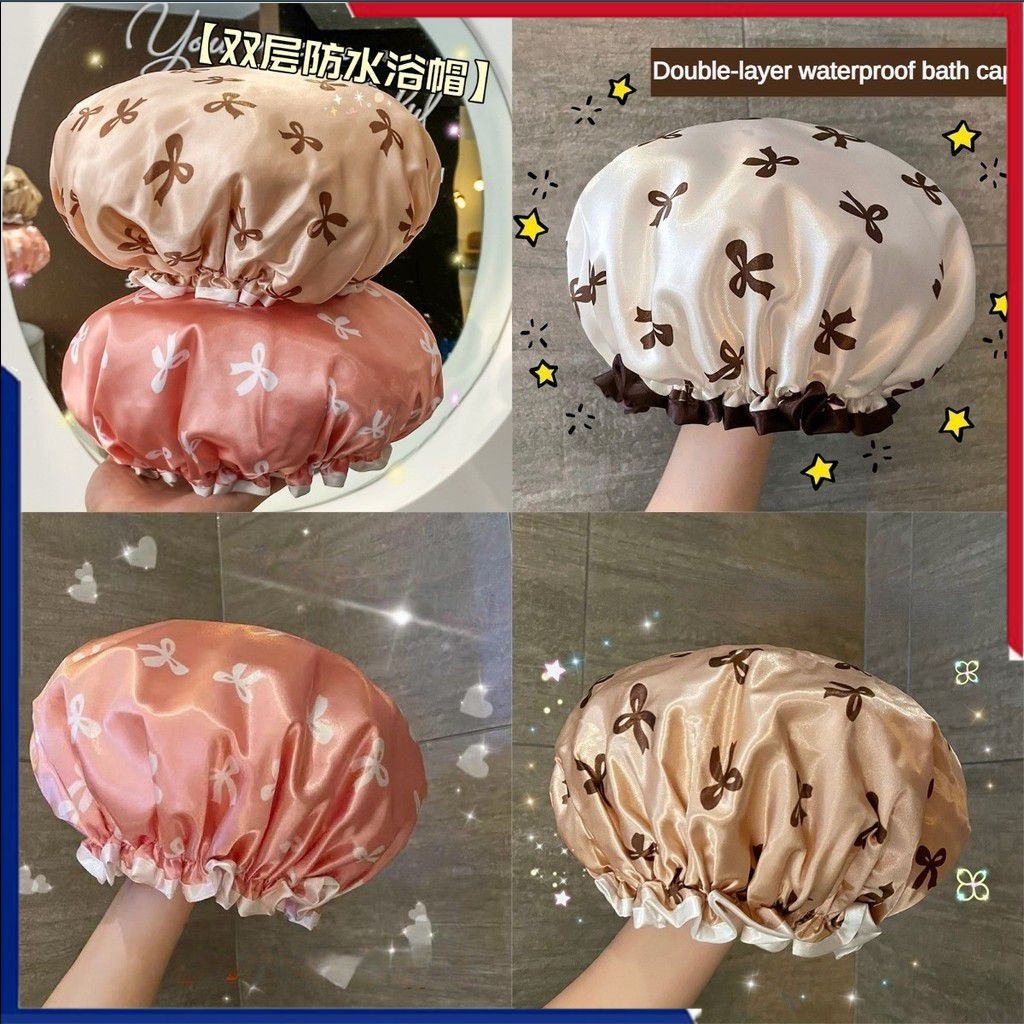 หมวกอาบน้ำ 2 ชั้นสำหรับผู้หญิง กันน้ำ พับได้ พิมพ์ลาย หมวกอาบน้ำ ป้องกันฝุ่นละอองและควันน้ำมันในครัว