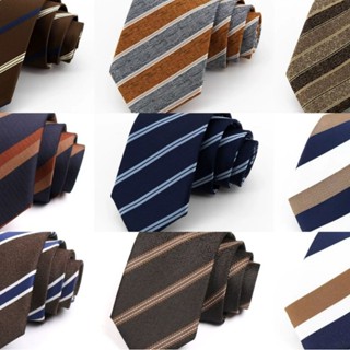 เนคไทน้ำตาลและสีฟ้า สำหรับธุรกิจและการประชุม ขนาด 8 cm ลายย้…