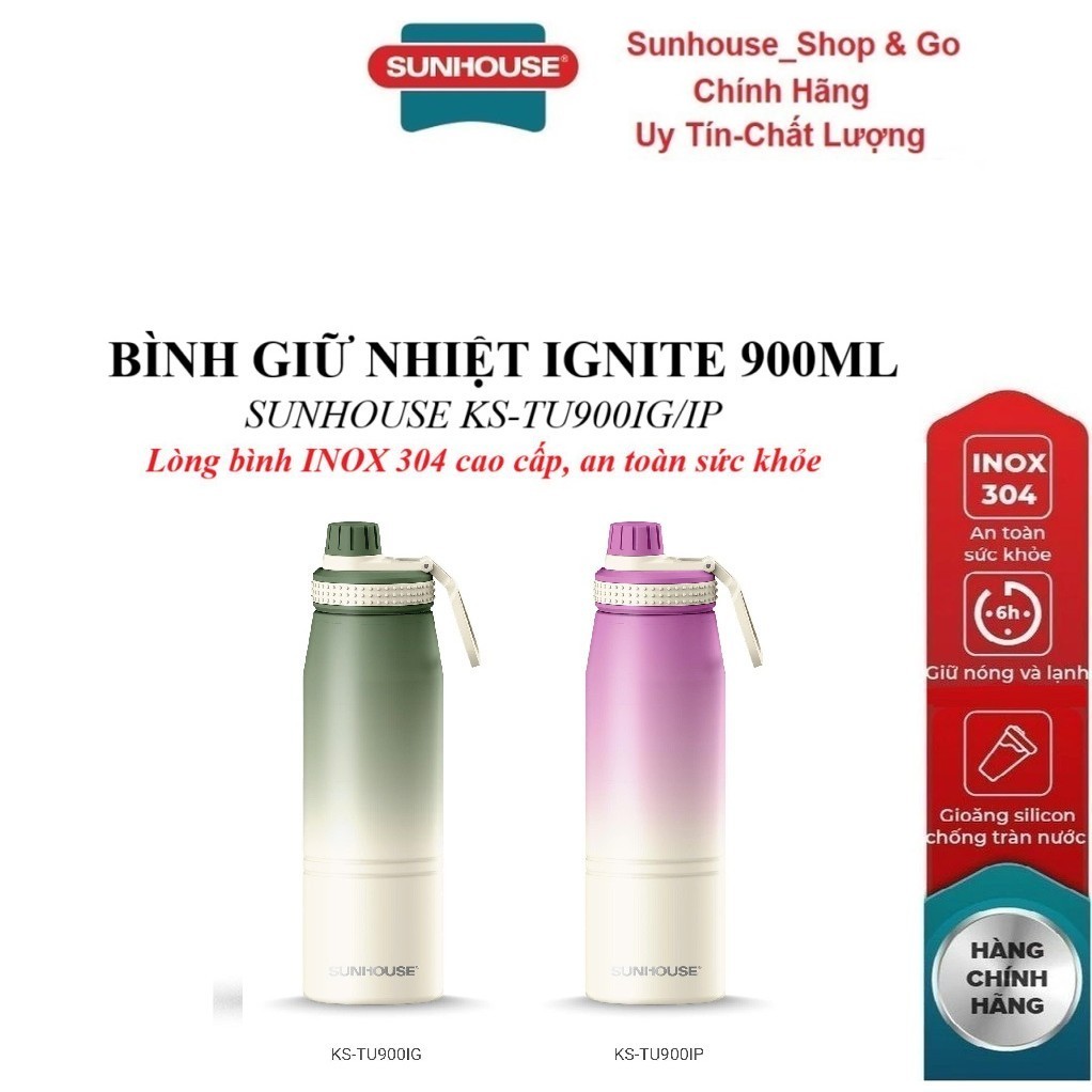 Sunhouse 900ml ขวดเก็บความร้อน Ignite KS-TU900IG/KS-TU900IP - สแตนเลส 304 - หูหิ้วพกพาสะดวก ความจุ 9