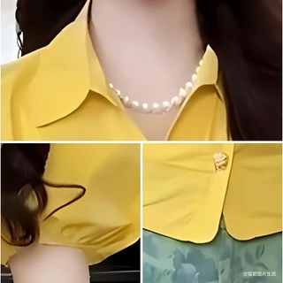 Chili Koko เสื้อสีเหลือง เสื้อเชิ้ตแขนพองคอวีสไตล์ฝรั่งเศส ทรงสั้น สวยงาม สำหรับผู้หญิงในช่วงฤดูร้อน W626