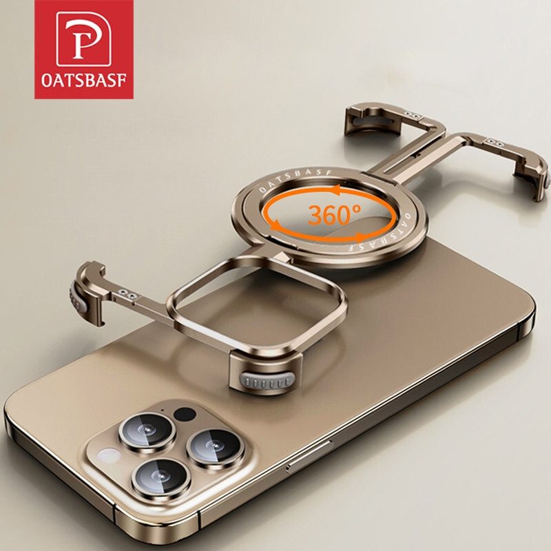 OATSBASF โลหะเงา BezelLess เคสโทรศัพท์กันกระแทก BuiltIn Kickstand สําหรับ ihone 16 Pro Max