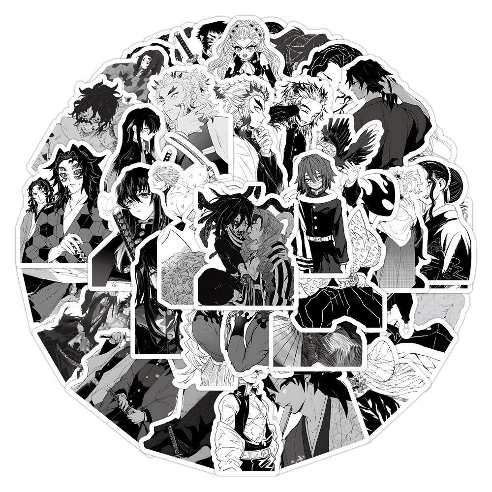 64-Pack Monochrome Demon Slayer Stickers - Timeless Anime Decals สําหรับปรับแต่งแล็ปท็อป, Journals & DIY Projects