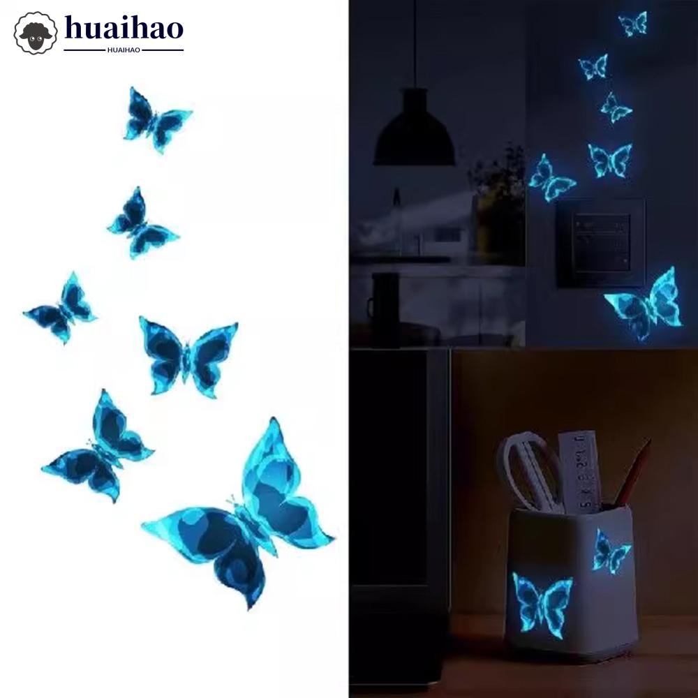 HUAIHAO 6 ชิ้น Luminous Double Layer 3D ผีเสื้อสติ๊กเกอร์ติดผนัง Home Room Decor ผีเสื้อสําหรับตกแต่