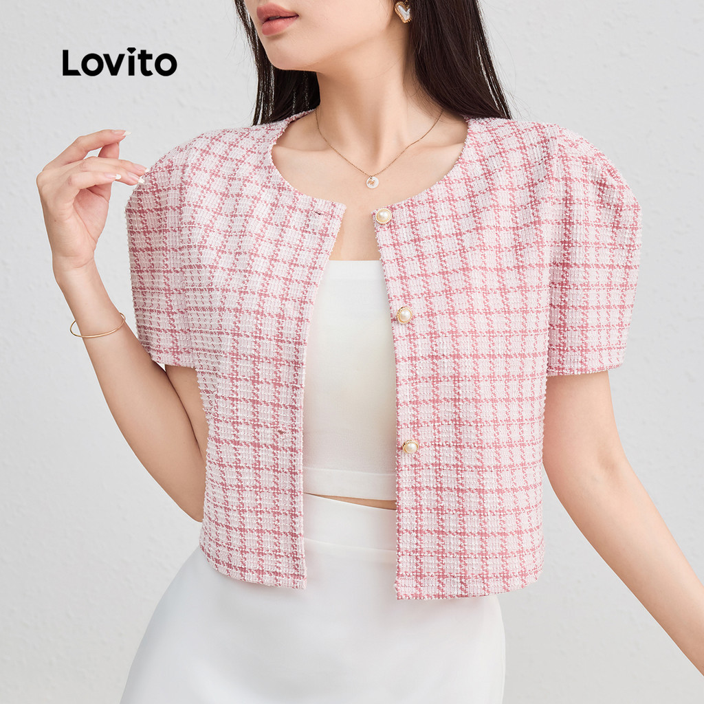 Lovito เสื้อเบลาส์ผ้ากิงแฮมจีบสไตล์ลำลองสำหรับผู้หญิง ขนาด L L124AD1116