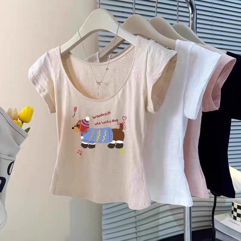 เสื้อยืดผ้าฝ้ายลายพิมพ์แบบ Slub สไตล์เกาหลี สำหรับฤดูร้อน ไหล่โถ่ง แขนสั้น U-neck ทรงเพรียว - รูปที่ 5