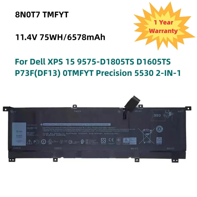 8N0T7 75Wh P73F Laptop Battery For DELL Precision 5530 2-in-1 XPS 15 9575 2-in-1 Series Notebook TMF