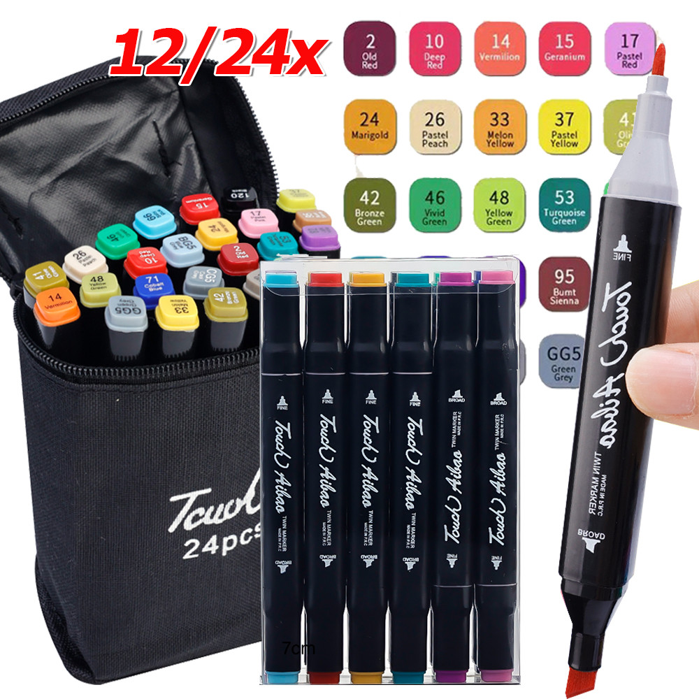 12/24 ชิ้น Professional Dual Tip Art Markers - 12/24 สีชุดปากกามาร์กเกอร์น้ํามัน - อุปกรณ์การเรียนนักเรียนเครื่องเขียน