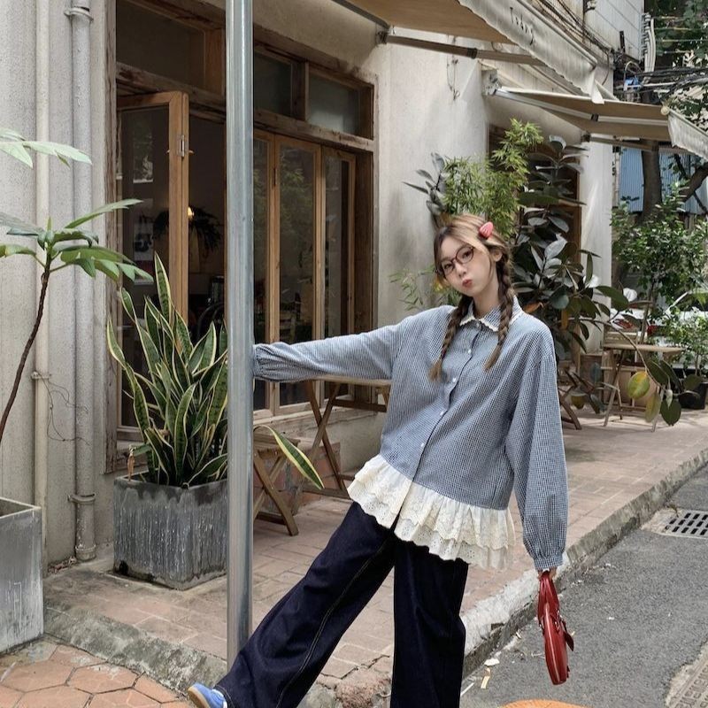 LINNA~Xเวอร์ชั่นเกาหลี ตาหมากรุก ขอบลูกไม้ แขนยาว เสื้อเชิ้ต สไตล์ใหม่ แฟชั่น สไตล์หวาน