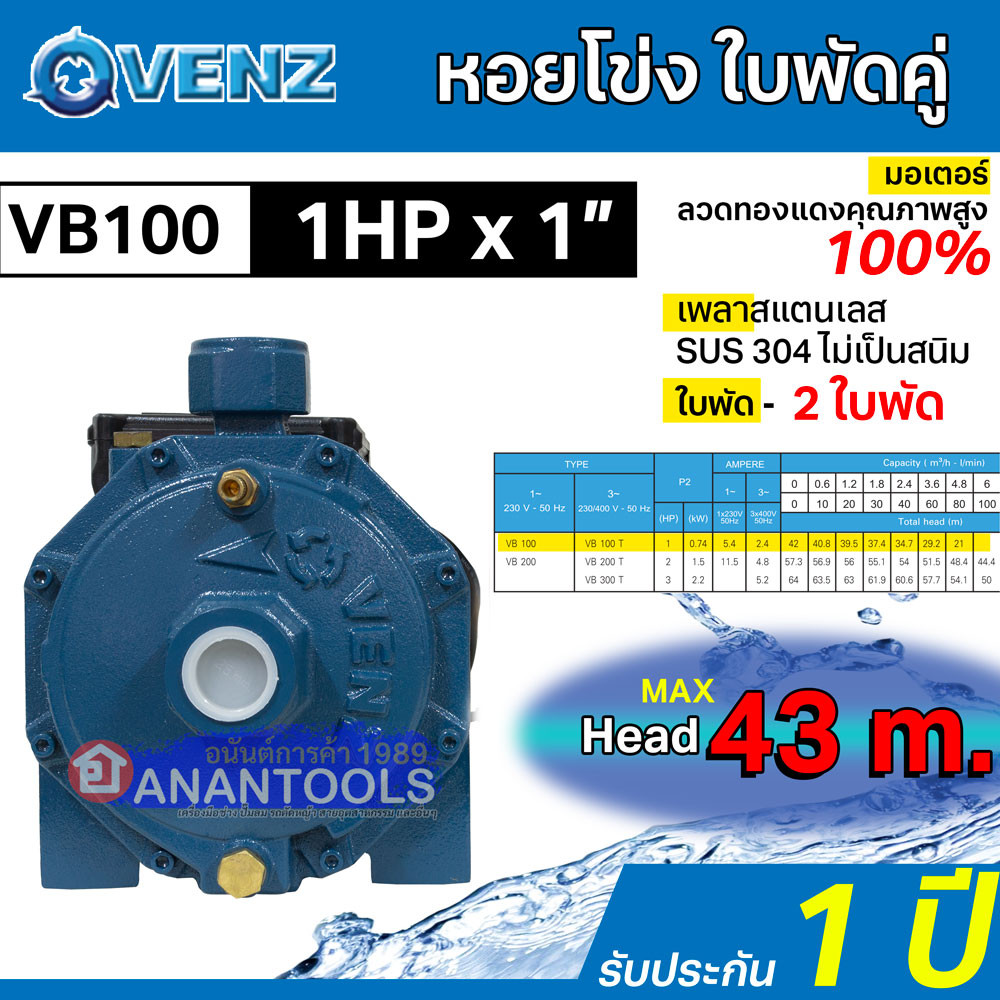 VENZ ปั๊มน้ำหอยโข่ง หอยโข่งใบพัดคู่ ปั๊มแรงดันสูง แรงดัน 2ใบพัด  1 แรง 1 นิ้ว ( 1HP x 1")  สำหรับงาน