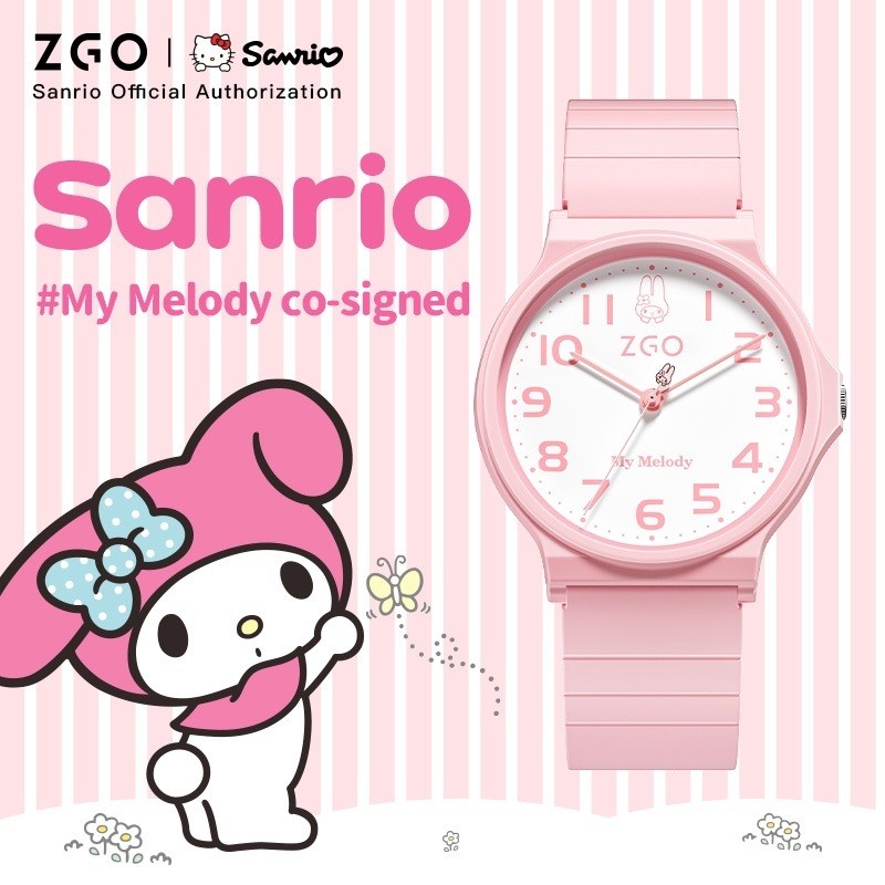 ZGO x Sanrio Melody Watch สําหรับเด็กและนักเรียนนาฬิกาควอทซ์สีชมพูกันน้ําเรียบง่ายของขวัญ 8522