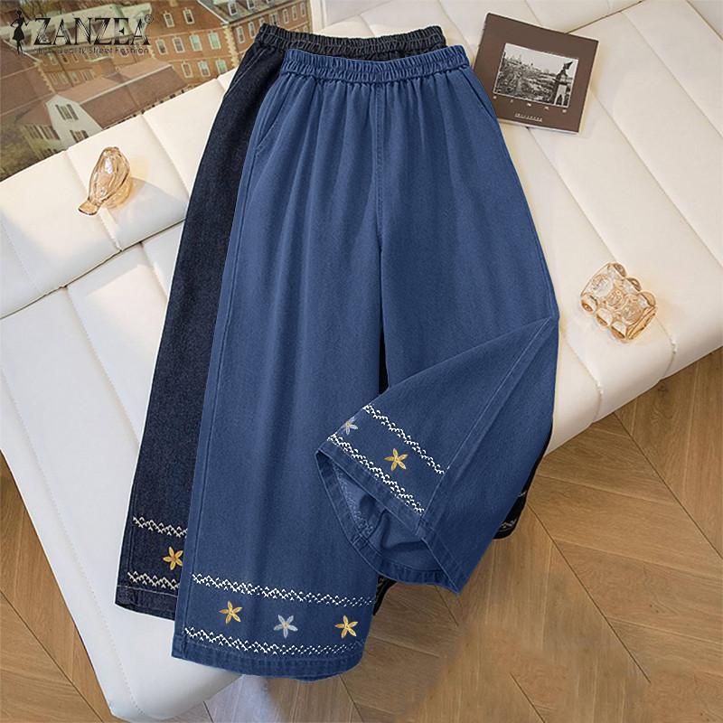 ZANZEA ผู้หญิงเกาหลี Retro Leisure เอวสูงEmbroider พิมพ์กางเกงขากว้าง Hem — صورة 5