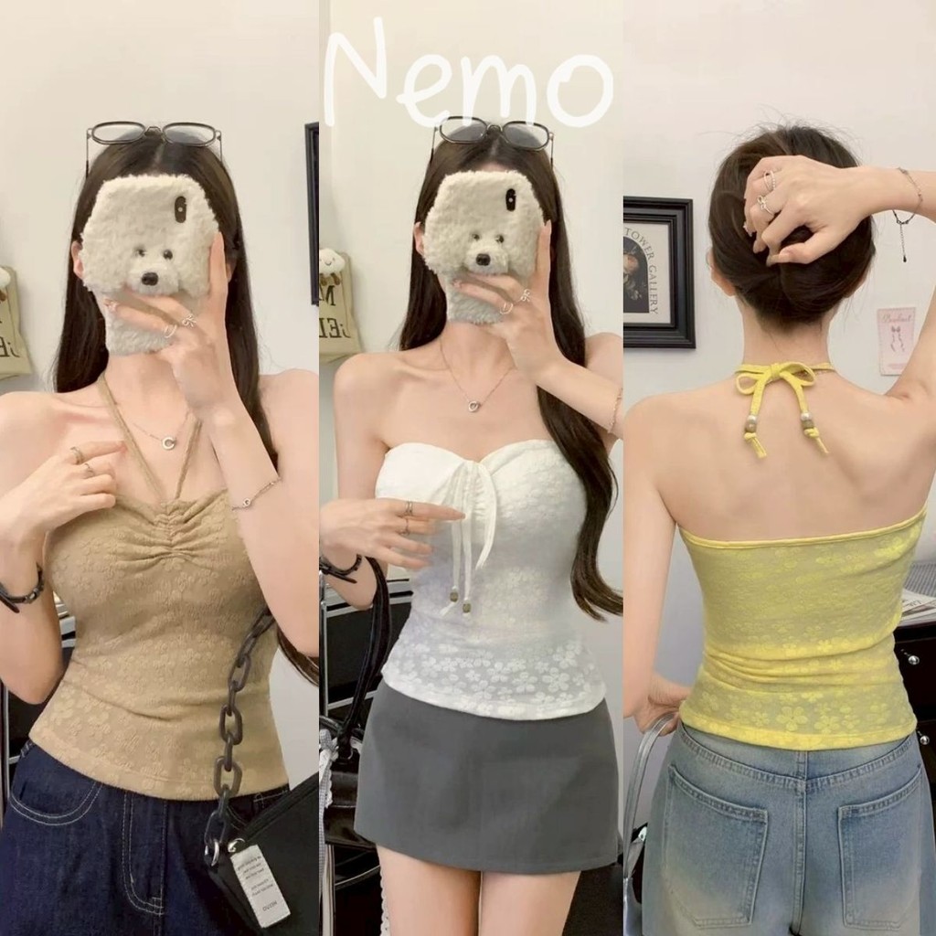 Nemo store🌸#FY882 เสื้อเกาะอก ใส่ได้สองแบบ สีพื้น มีฟองน้ำ เรียบมินิมอล