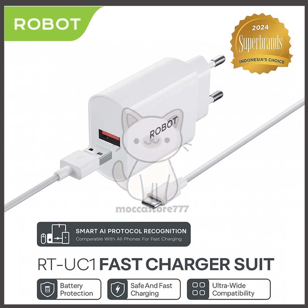 ROBOT RT-UC1 Fast Charging Charger QC 3.0 3A 18W + 18W Type C Cable - รับประกันอย่างเป็นทางการ 1 ปี