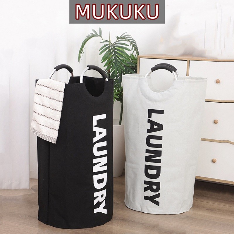 MUKUKU ตะกร้าผ้าขนาดใหญ่พับได้ ใส่เสื้อผ้าใช้แล้ว มีหูจับสองข้าง เคลื่อนย้ายง่าย วัสดุทนทาน กันน้ําได้ดี