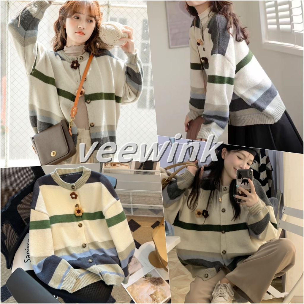 Veewink พร้อมส่งจากกทม เสื้อสเวตเตอร์ลายทางสีตัดกัน สไตล์ฮ่องกง ใส่สบาย เนื้อนุ่ม สำหรับหน้าหนาว