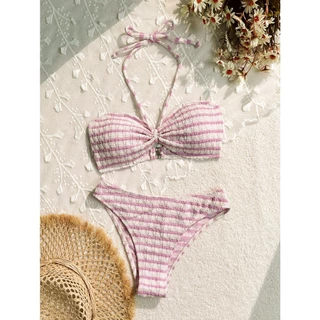 💖 ส่งไวจากไทย 💖 บิกินี่ทูพีช สายฝอ bikini sexy พิมพ์ลายทาง คล้องคอ ชุดว่ายน้ำผู้หญิง beach พร้อมส่ง