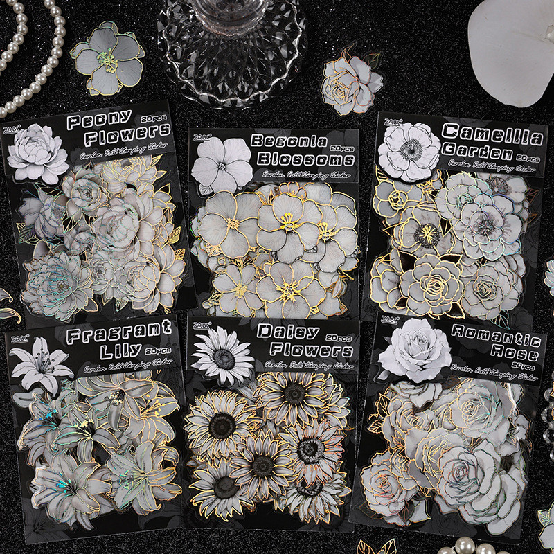 20 ชิ้น Vintage ดอกไม้ Fragance Series 3D Bronzing PET สติกเกอร์ไดอารี่ Deco DIY สติกเกอร์