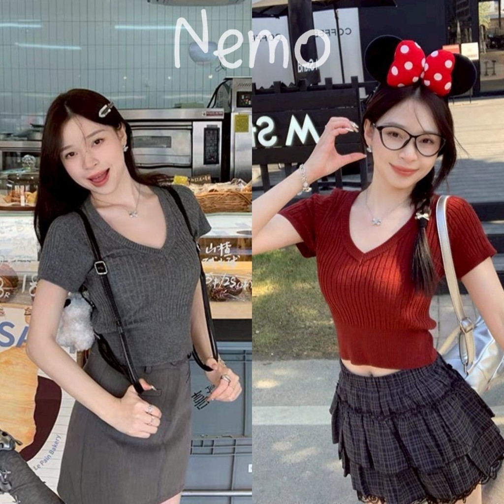 Nemo store🌸#W-G013 เสื้อคอวีไหมพรม แขนสั้นครอป ยืดพอดีใส่ง่าย