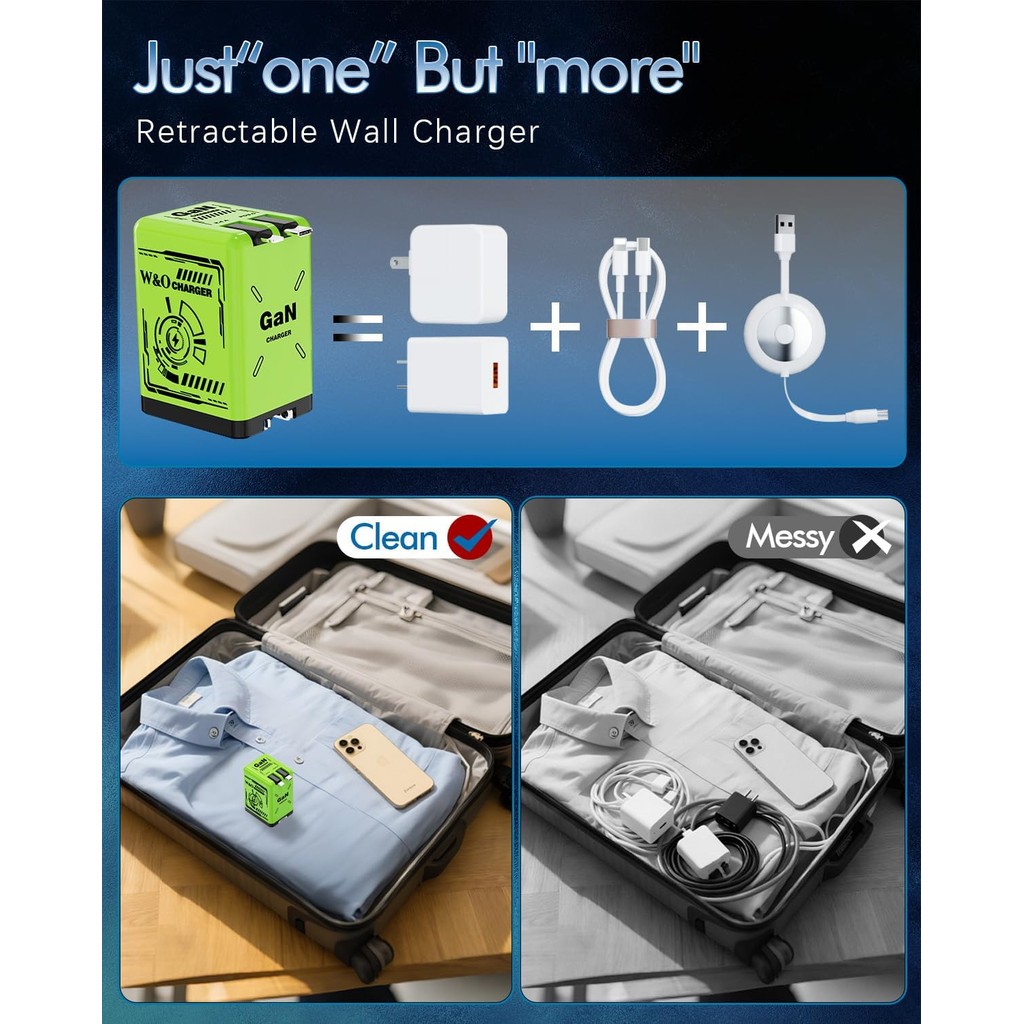 W&O 45W GaN Charger Fast Charging,Retractable Phone Charger Wall Plug พร้อมสาย Lightening และ Type-C