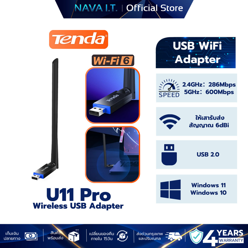 Tenda U11 Pro รับสัญญาณ USB WiFi 6 Adapter AX900 Card Dual Band 6dBi Antenna (U11 Pro) รับประกัน 4 ป