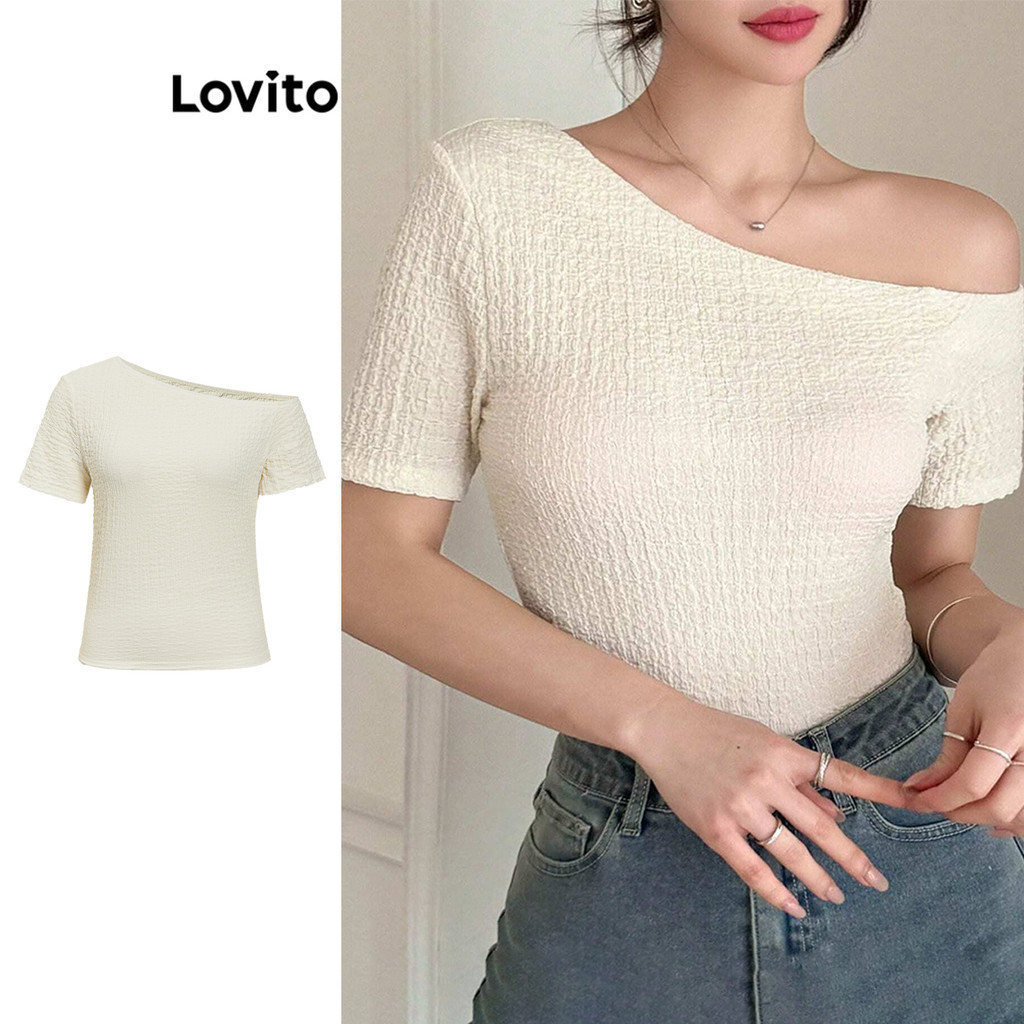 LVT-123 Lovito Casual Plain Cold Shoulder เสื้อยืดสําหรับผู้หญิง L99ED657 简约露肩性身上衣