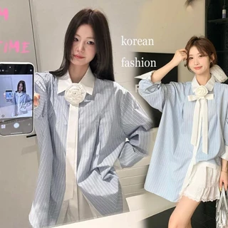 Cuties 💖w636 เสื้อเชิ้ตแขนยาวผู้หญิง สไตล์เกาหลี oversize ลายทาง งานเกาหลีมากก สาวหวาน Y2k