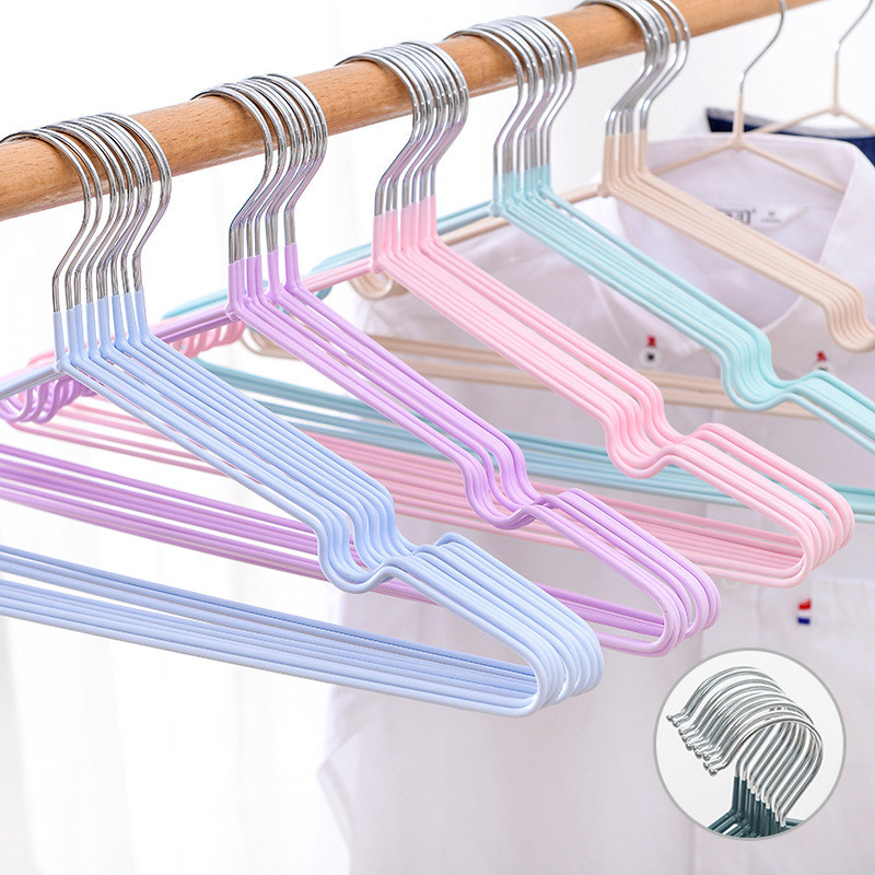 (1แพ็ค 10 ชิ้น)ไม้แขวนเสื้อสแตนเลสเคลือบซิลิโคน ป้องกันการลื่นไถล ไม้แขวน เสื้อผ้า