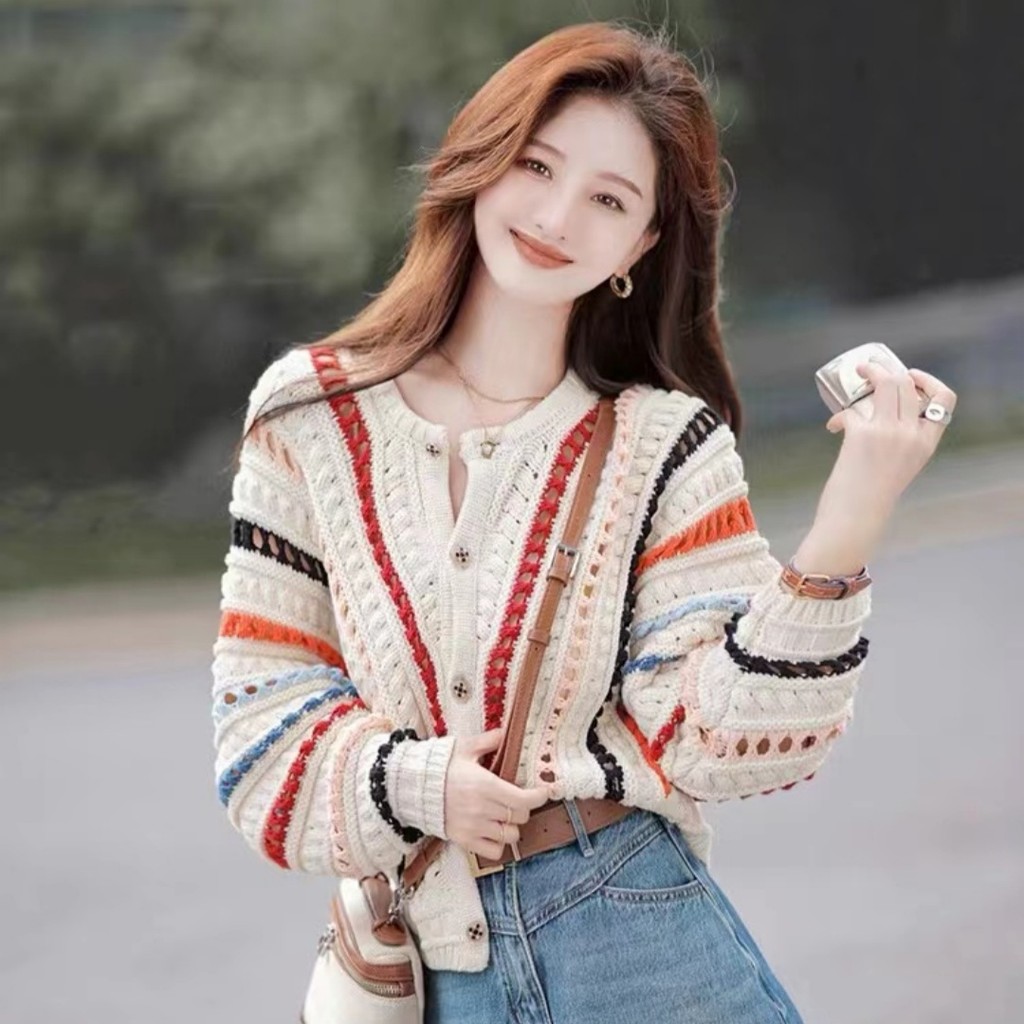 เสื้อกันหนาวโครเชต์ลายโมเดิร์น ฤดูใบไม้ร่วง สีรุ้งสดใส เหมาะสำหรับสาวๆ
