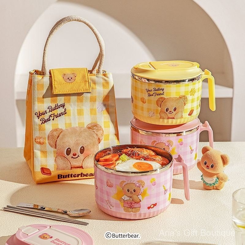 [อาเรีย] แม่บ้านสมัยใหม่ & หมีเนยชามบะหมี่กึ่งสําเร็จรูปพร้อมฝาปิดนักเรียนหอพักชามสแตนเลสท่อระบายน้ํากล่องอาหารกลางวันฉนวน