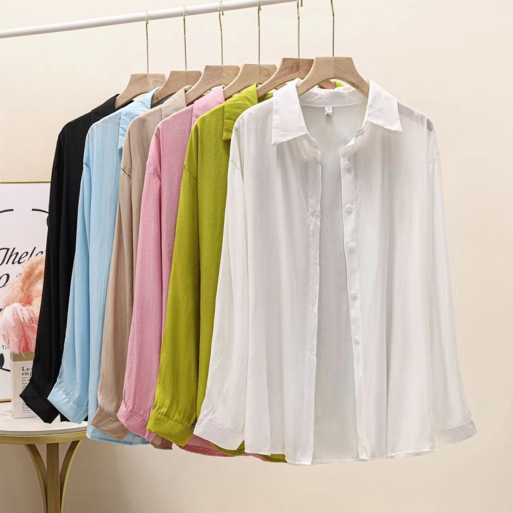 เสื้อเชิ้ตแขนยาวผู้หญิง 2025 ผ้าเทนเซล สีเรียบ ใส่สบาย แบบโอเวอร์ไซส์ ป้องกันแดด เสื้อทำงานสไตล์เกาหลี Women's Tencel Shirt UV Protection Korean Styl