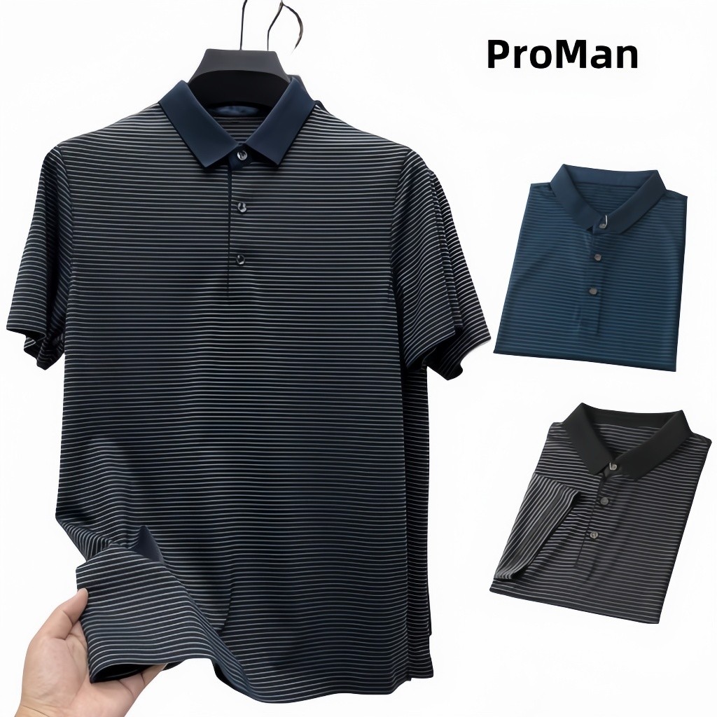 ⚡ProMan⚡เสื้อโปโลผู้ชายลายทาง  ลำลอง  บ้าน  เสื้อคอปก  เรียบง่าย