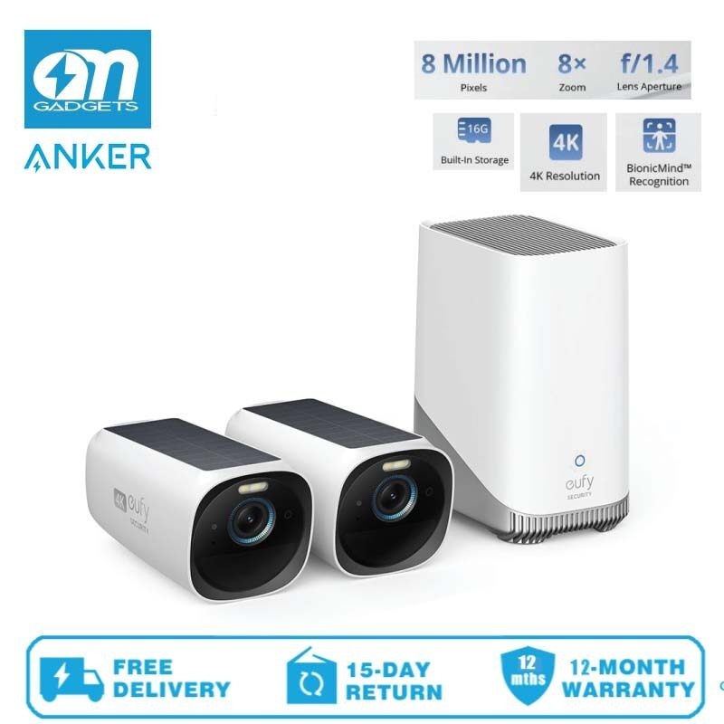 Anker T8871/T8160 Eufy Security 3 2 กล้อง, กล้องรักษาความปลอดภัยไร้สาย 4K พร้อมแผงโซลาร์เซลล์แบบบูรณ