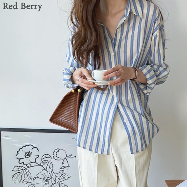 Red Berryเสื้อเชิ้ตผู้หญิงแขนยาวลายทางสไตล์เกาหลีW390