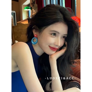 ต่างหูสไตล์ฮ่องกงเรโทรสีแดงและสีฟ้าตัดกันคุณภาพเยี่ยม