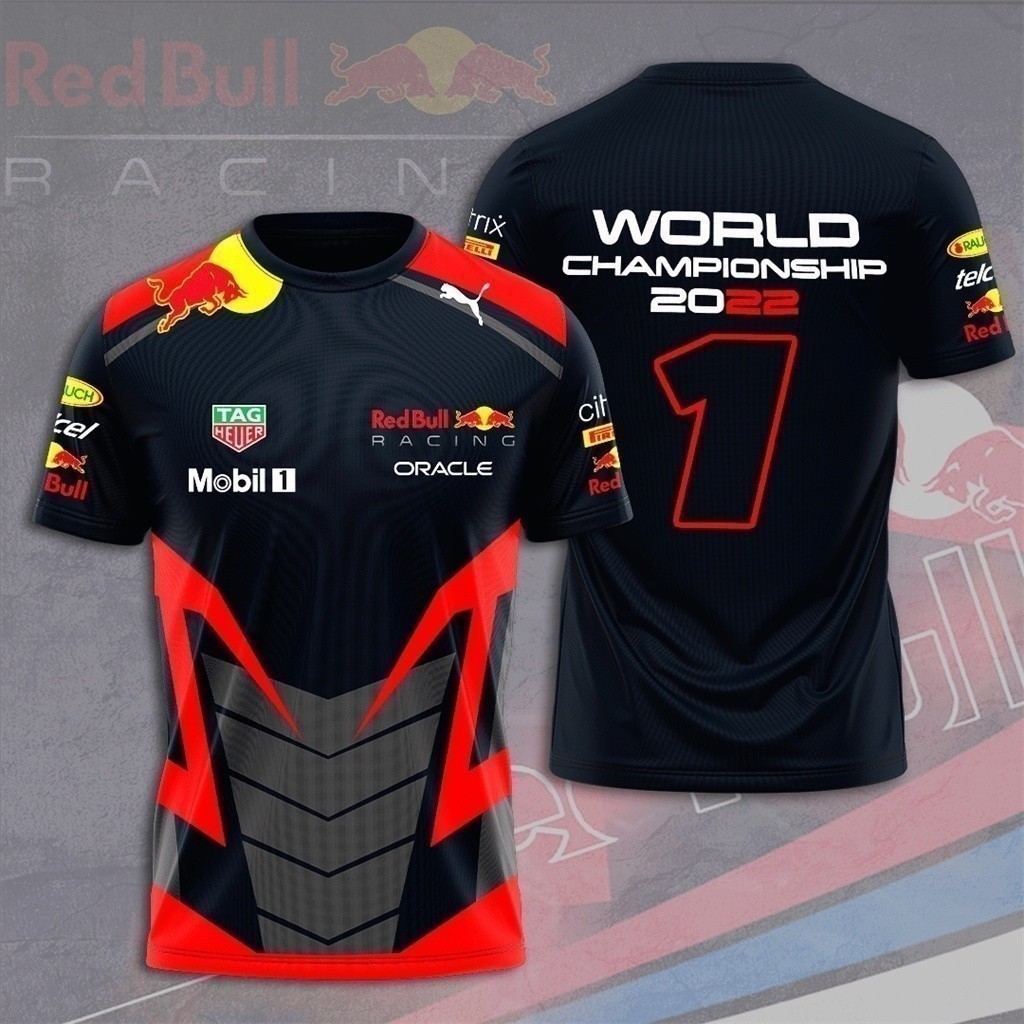 แฟชั่นเท่ Max Verstappen x Red Bull Racing F1 World Championship ผู้ชายฤดูร้อนเสื้อยืดสูตรหนึ่งทีมเด