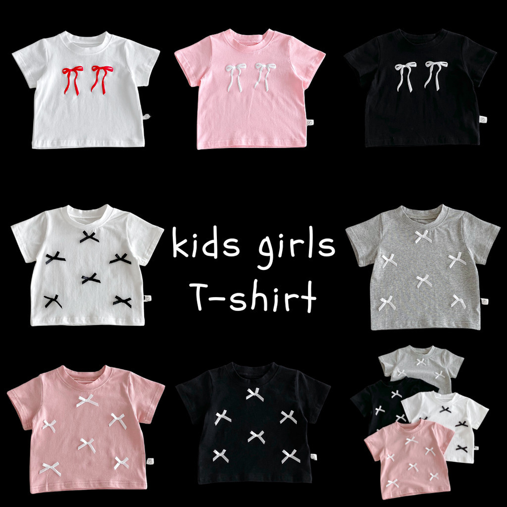 โปรโมชั่นราคาเบาๆ สาวเสื้อยืดท็อปส์โบว์น่ารักตกแต่งผ้าฝ้ายบางนุ่มเด็กสาวแขนสั้นเสื้อยืดอเนกประสงค์สบายๆเด็กแขนสั้นเสื้อผ้า1-5ปี