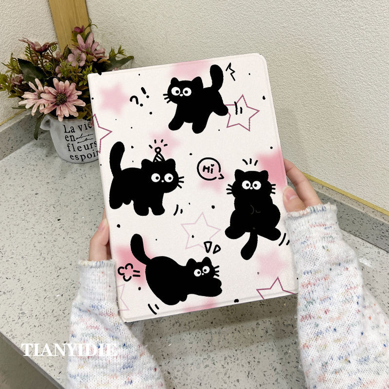 เคสป้องกัน iPad 10th Generation Air4 Air5 Air6 10.5 นิ้วการ์ตูน Five Pointed Star Black Cat พร้อมช่องเสียบปากกา Gen7/8/9 วัสดุผ้าไหม Mini4 5 ฝาครอบป้องกันการตกกรณีแท็บเล็ต