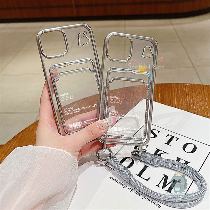 Simple INSการ์ตูนแฟชั่นเคสโทรศัพท์สําหรับIPhone 15 14 13 12 11 Pro Max X XR Xs Max 8 7 Plusผู้ถือบัตรElectroplatedพร้อมเชือกเส้นเล็กป้องกันปกหลัง