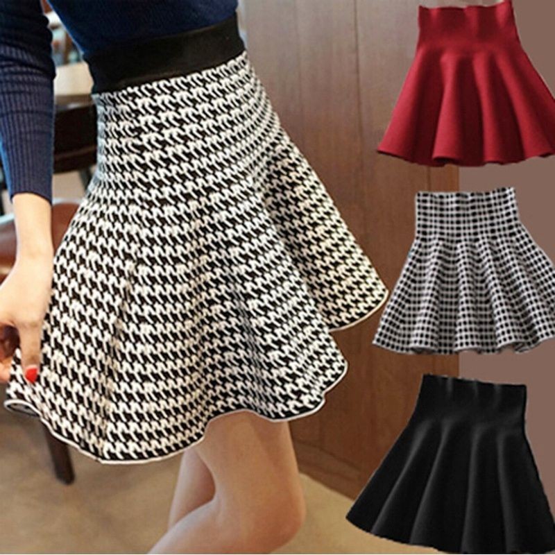 【#858] ฤดูใบไม้ร่วงใหม่สไตล์กระโปรง Houndstooth A-Line กระโปรงครึ่งความยาวกระโปรงจีบ Pettiskirt เอวสูง Bottoming กระโปรงสั้นผู้หญิง