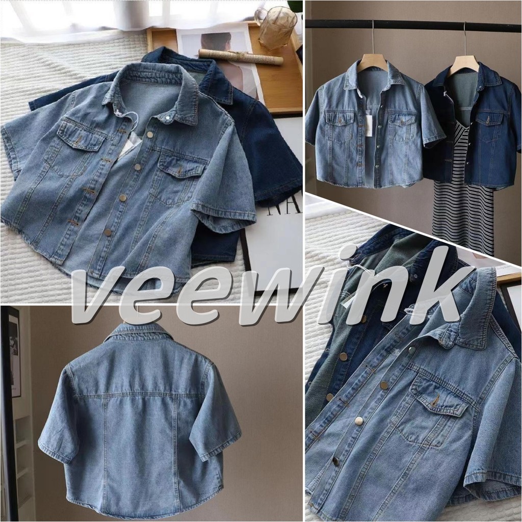 Veewink เสื้อแจ็กเก็ตยีนสั้น / เสื้อแจ๊คเก็ตยีนส์แฟชั่น OVERSIZE สไตล์เกาหลี แฟชั่นฤดูร้อน S-3XL 40-75KG