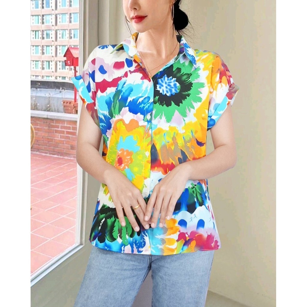 เสื้อเชิ้ตผู้หญิง Hawaii shirt ผ้าไหมอิตาลี แฟชั่นผู้หญิง แขนเบิ้ล ใส่ทำงาน ผ้าลายหินอ่อน ใส่สบายทรงสวย